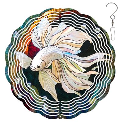 10-Inch Metal Wind Spinner White Betta Fish 3D Fish Wind Spinner, Unique Metal Hanging Kinetic Wind Sculpture Ornament Yard Art Garden Patio Lawn Indoor Outdoor Decor