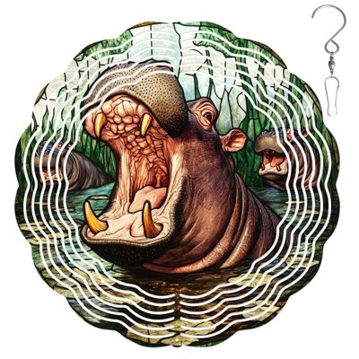 10-Inch Metal Wind Spinner Hippo in Lily-pad and Reed 3D Wildlife Wind Spinner, Unique Metal Hanging Kinetic Wind Sculpture Ornament Gifts for Women Yard Art Garden Patio Lawn Indoor Outdoor Decor