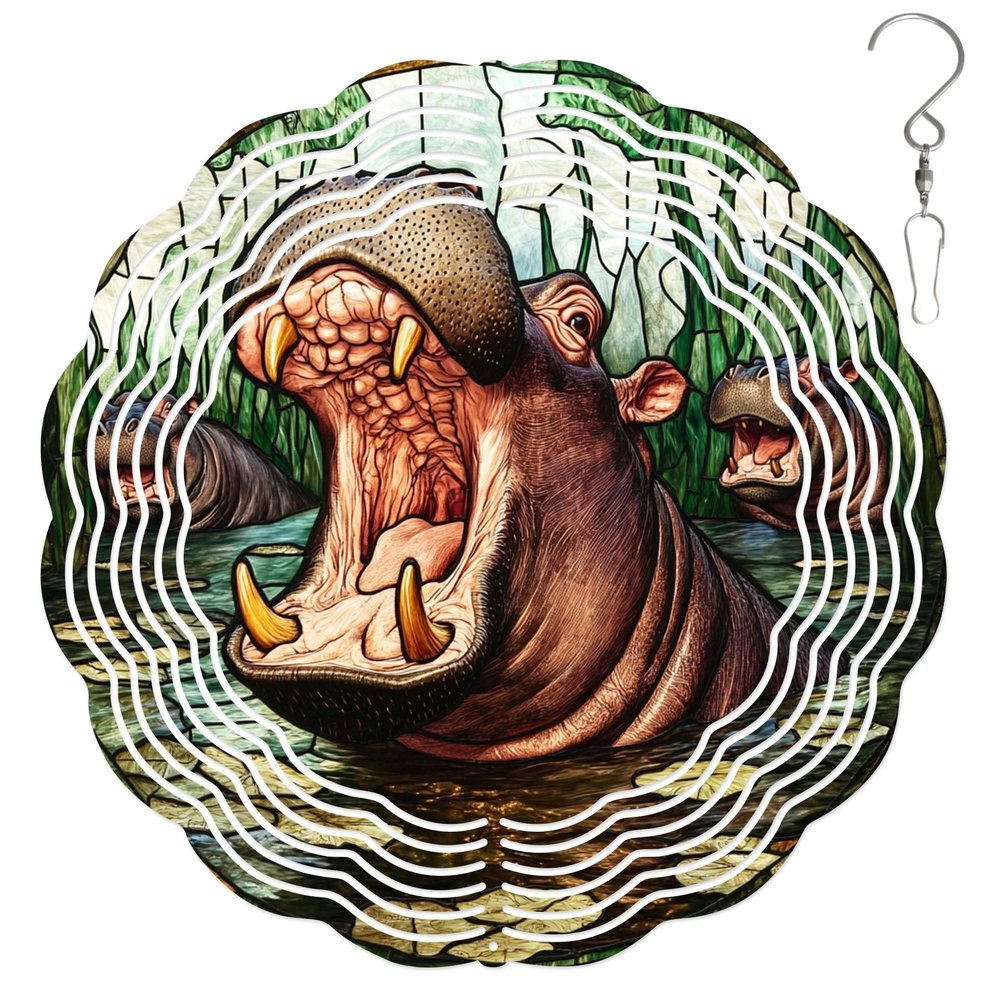 10-Inch Metal Wind Spinner Hippo in Lily-pad and Reed 3D Wildlife Wind Spinner, Unique Metal Hanging Kinetic Wind Sculpture Ornament Gifts for Women Yard Art Garden Patio Lawn Indoor Outdoor Decor