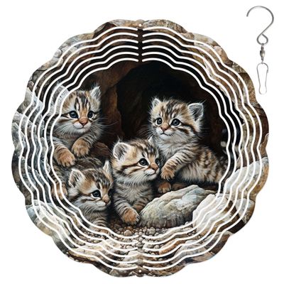 10-Inch Metal Wind Spinner Pallas's Cat Kittens in Rocky Cave 3D Wildlife Wind Spinner, Unique Metal Hanging Kinetic Wind Sculpture Ornament Yard Art Garden Patio Lawn Indoor Outdoor Decor