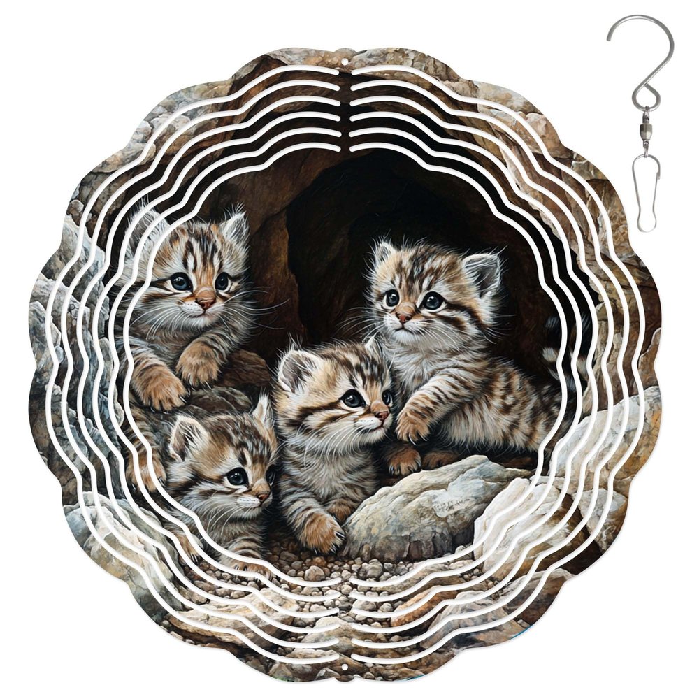 10-Inch Metal Wind Spinner Pallas's Cat Kittens in Rocky Cave 3D Wildlife Wind Spinner, Unique Metal Hanging Kinetic Wind Sculpture Ornament Yard Art Garden Patio Lawn Indoor Outdoor Decor