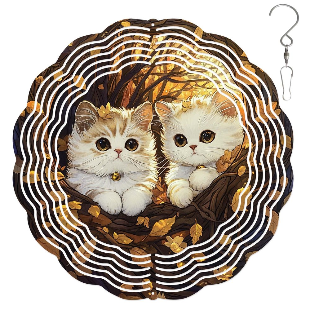 10-Inch Metal Wind Spinner Two Kittens in Tree Nook 3D Pet Wind Spinner, Unique Metal Hanging Kinetic Wind Sculpture Ornament Gifts for Pet Lovers Yard Art Garden Patio Lawn Indoor Outdoor Decor