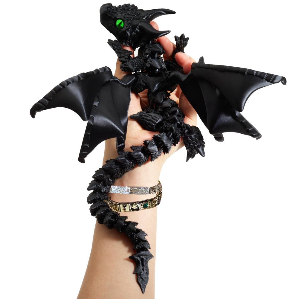 Maxdecoer 15.75" Matte Black 3D Printed Articulated Dragon Toy, Large Crystal-Style Dragon Desk Pet Fidget Toy for Kids Adults, Jointed Figurine Gift