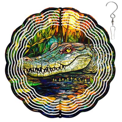 10-Inch Metal Wind Spinner Crocodile with Lily Pads 3D Wildlife Wind Spinner, Unique Metal Hanging Kinetic Wind Sculpture Ornament Gifts for Women Yard Art Garden Patio Lawn Indoor Outdoor Decor