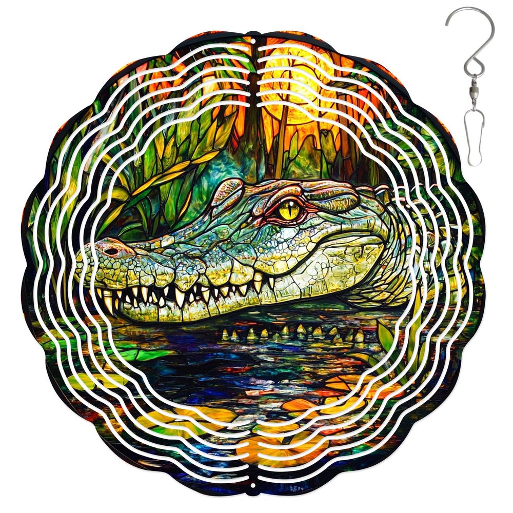 10-Inch Metal Wind Spinner Crocodile with Lily Pads 3D Wildlife Wind Spinner, Unique Metal Hanging Kinetic Wind Sculpture Ornament Gifts for Women Yard Art Garden Patio Lawn Indoor Outdoor Decor