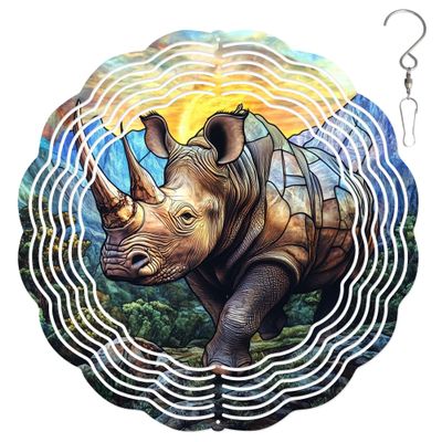 10-Inch Metal Wind Spinner Rhinoceros in Sunset 3D Wildlife Wind Spinner, Unique Metal Hanging Kinetic Wind Sculpture Ornament Gifts for Animal Lovers Yard Art Garden Patio Lawn Indoor Outdoor Decor