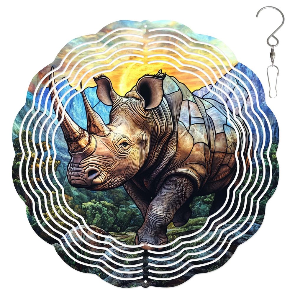 10-Inch Metal Wind Spinner Rhinoceros in Sunset 3D Wildlife Wind Spinner, Unique Metal Hanging Kinetic Wind Sculpture Ornament Gifts for Animal Lovers Yard Art Garden Patio Lawn Indoor Outdoor Decor