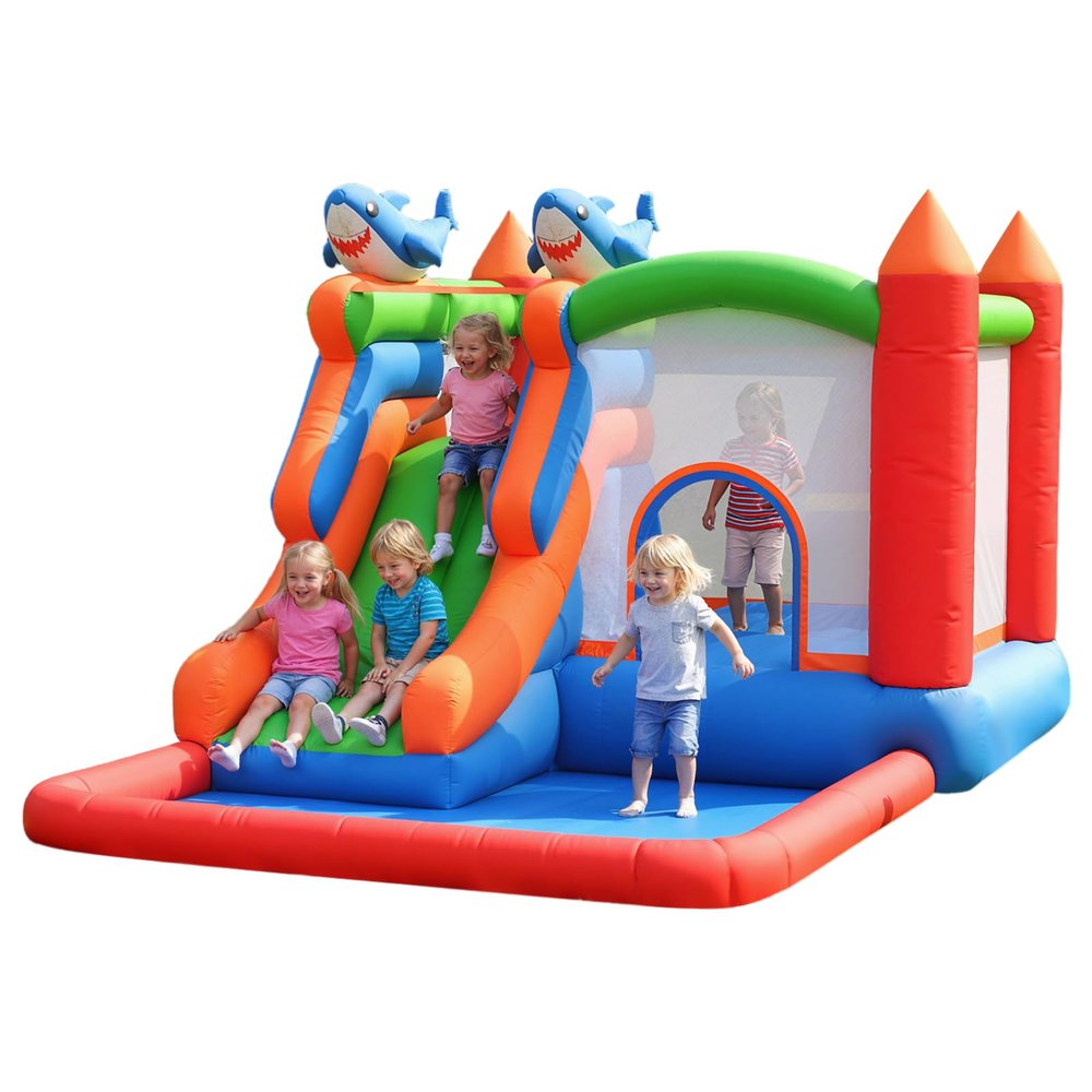 5-in-1 Shark Inflatable Bounce House with Slide, Water Pool & Basketball Hoop Heavy-Duty 840d+420d Oxford Cloth Bouncy Castle for Kids Backyard Birthday Party Indoor Outdoor Play