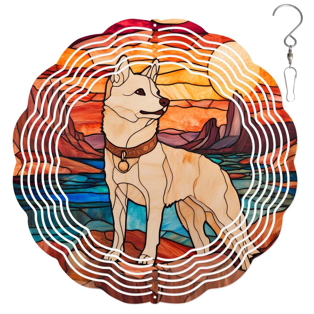 10-Inch Metal Wind Spinner White Shiba Inu in Sunset 3D Dog Wind Spinner, Unique Metal Hanging Kinetic Wind Sculpture Ornament Gift for Pet Lovers Yard Art Garden Patio Lawn Indoor Outdoor Decor (2)