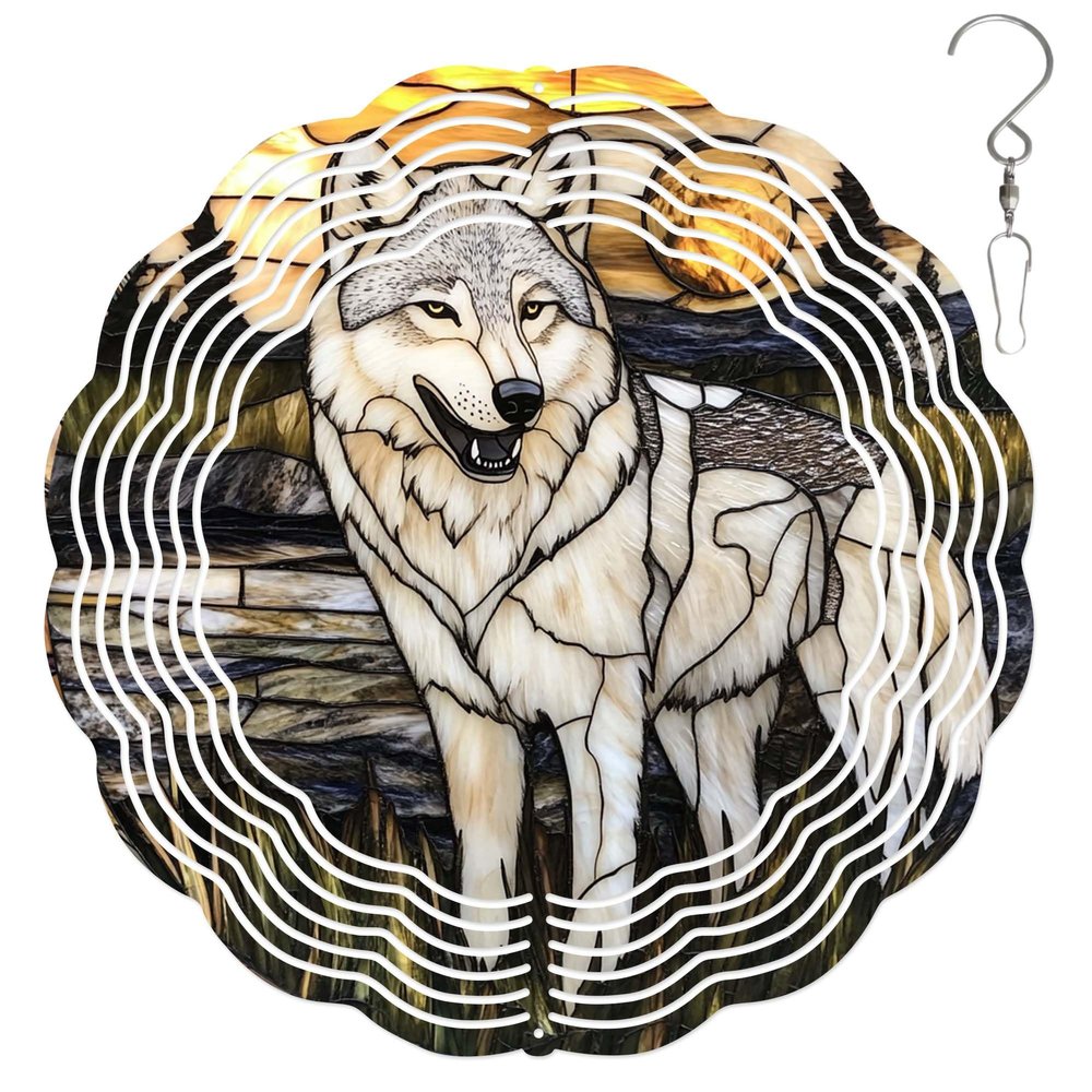 10-Inch Metal Wind Spinner Wolf in Sunset Grass 3D Wildlife Wind Spinner, Unique Metal Hanging Kinetic Wind Sculpture Ornament Gifts for Women Yard Art Garden Patio Lawn Indoor Outdoor Decor