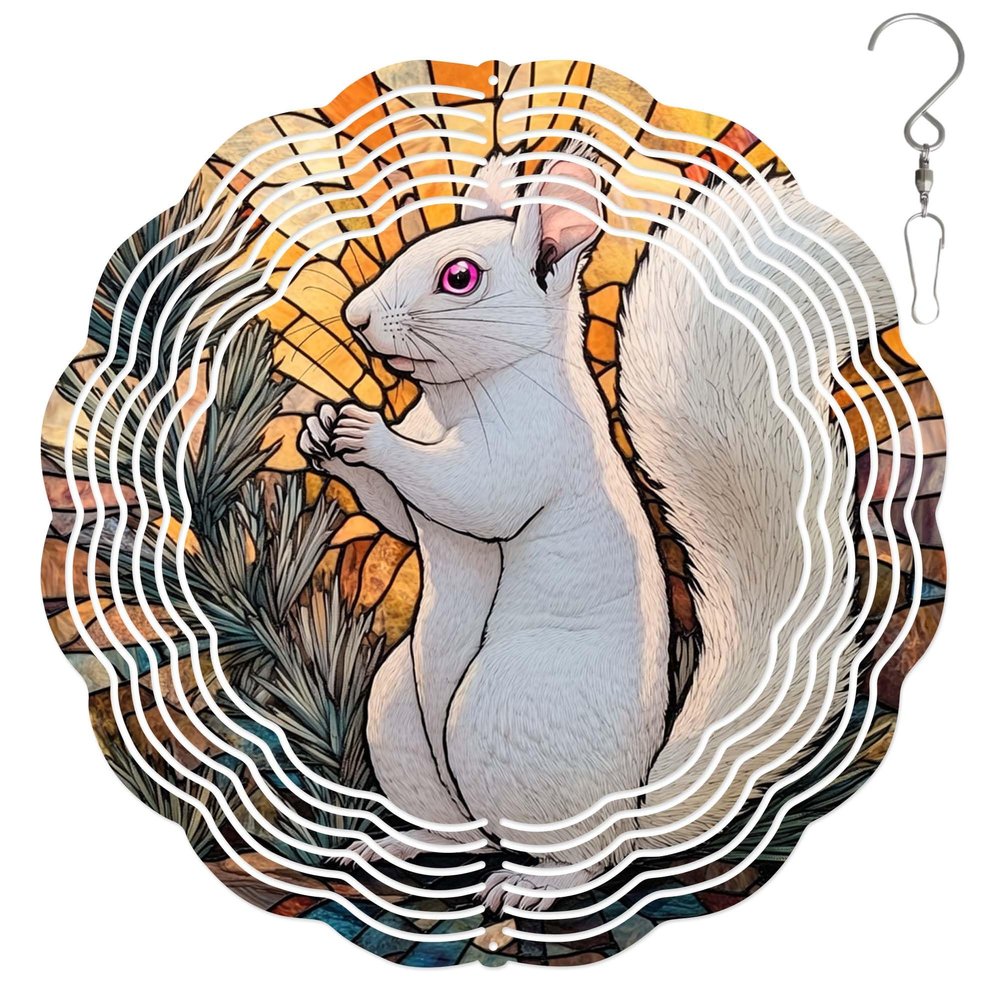 10-Inch Metal Wind Spinner White Squirrel 3D Wildlife Wind Spinner, Unique Metal Hanging Kinetic Wind Sculpture Ornament Gifts for Animal Lovers Yard Art Garden Patio Lawn Indoor Outdoor Decor
