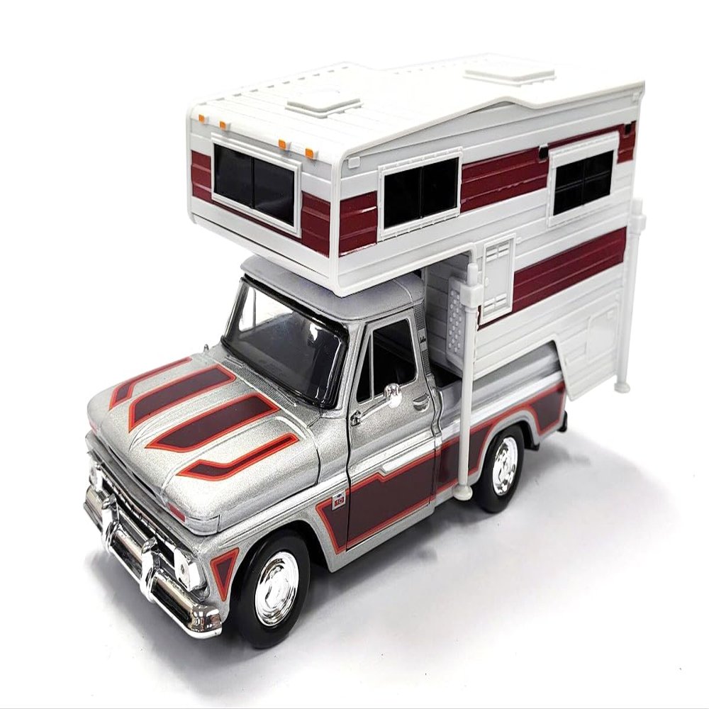 1966 C10 Fleetside Pickup Truck Silver Metallic with Brown Sides with Camper Shell American Classics Series 1/24 Diecast Model Car by Motormax 75330-73355SIL