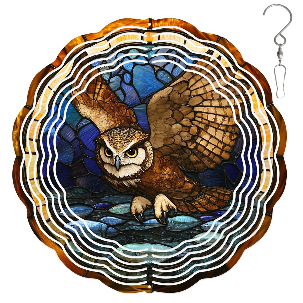 10-Inch Metal Wind Spinner Owl Spreading Wings 3D Raptor Wind Spinner, Unique Metal Hanging Kinetic Wind Sculpture Ornament Gift for Bird Lovers Yard Art Garden Patio Lawn Indoor Outdoor Decor