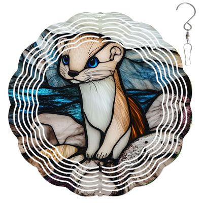10-Inch Metal Wind Spinner White Weasel with Blue Eyes 3D Wind Spinner, Unique Metal Hanging Kinetic Wind Sculpture Ornament Gifts for Animal Lovers Yard Art Garden Patio Lawn Indoor Outdoor Decor