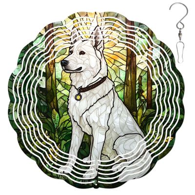 10-Inch Metal Wind Spinner White German Shepherd in Forest 3D Dog Wind Spinner, Unique Metal Hanging Kinetic Wind Sculpture Ornament Gift For Pet Lovers Yard Art Garden Patio Lawn Indoor Outdoor Decor