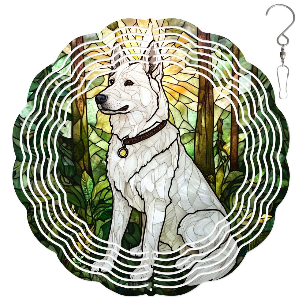 10-Inch Metal Wind Spinner White German Shepherd in Forest 3D Dog Wind Spinner, Unique Metal Hanging Kinetic Wind Sculpture Ornament Gift For Pet Lovers Yard Art Garden Patio Lawn Indoor Outdoor Decor
