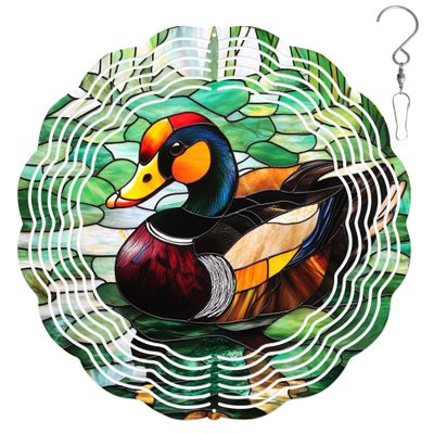 10-Inch Metal Wind Spinner Mandarin Duck on Lily Pads 3D Wind Spinner, Unique Metal Hanging Kinetic Wind Sculpture Ornament Gifts for Animal Lovers Yard Art Garden Patio Lawn Indoor Outdoor Decor