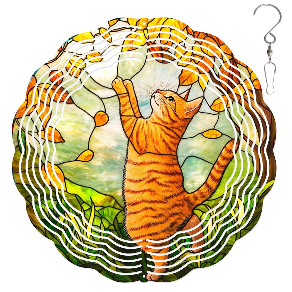 10-Inch Metal Wind Spinner Ginger Tabby Cat in Autumn 3D Pet Wind Spinner, Unique Metal Hanging Kinetic Wind Sculpture Ornament Gifts for Pet Lovers Yard Art Garden Patio Lawn Indoor Outdoor Decor