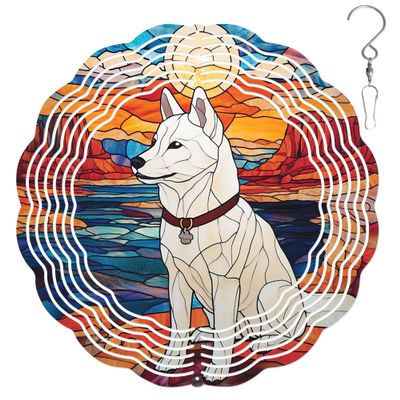 10-Inch Metal Wind Spinner White Shiba Inu in Sunset 3D Dog Wind Spinner, Unique Metal Hanging Kinetic Wind Sculpture Ornament Gift for Pet Lovers Yard Art Garden Patio Lawn Indoor Outdoor Decor (1)