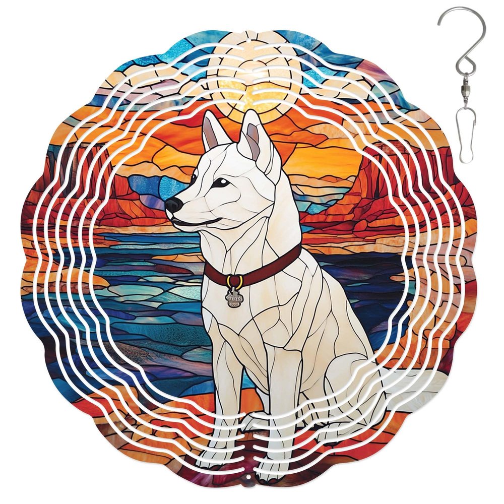 10-Inch Metal Wind Spinner White Shiba Inu in Sunset 3D Dog Wind Spinner, Unique Metal Hanging Kinetic Wind Sculpture Ornament Gift for Pet Lovers Yard Art Garden Patio Lawn Indoor Outdoor Decor (1)