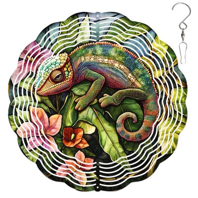 10-Inch Metal Wind Spinner Chameleon with Flowers 3D Animal Wind Spinner, Unique Metal Hanging Kinetic Wind Sculpture Ornament Gifts for Women Yard Art Garden Patio Lawn Indoor Outdoor Decor