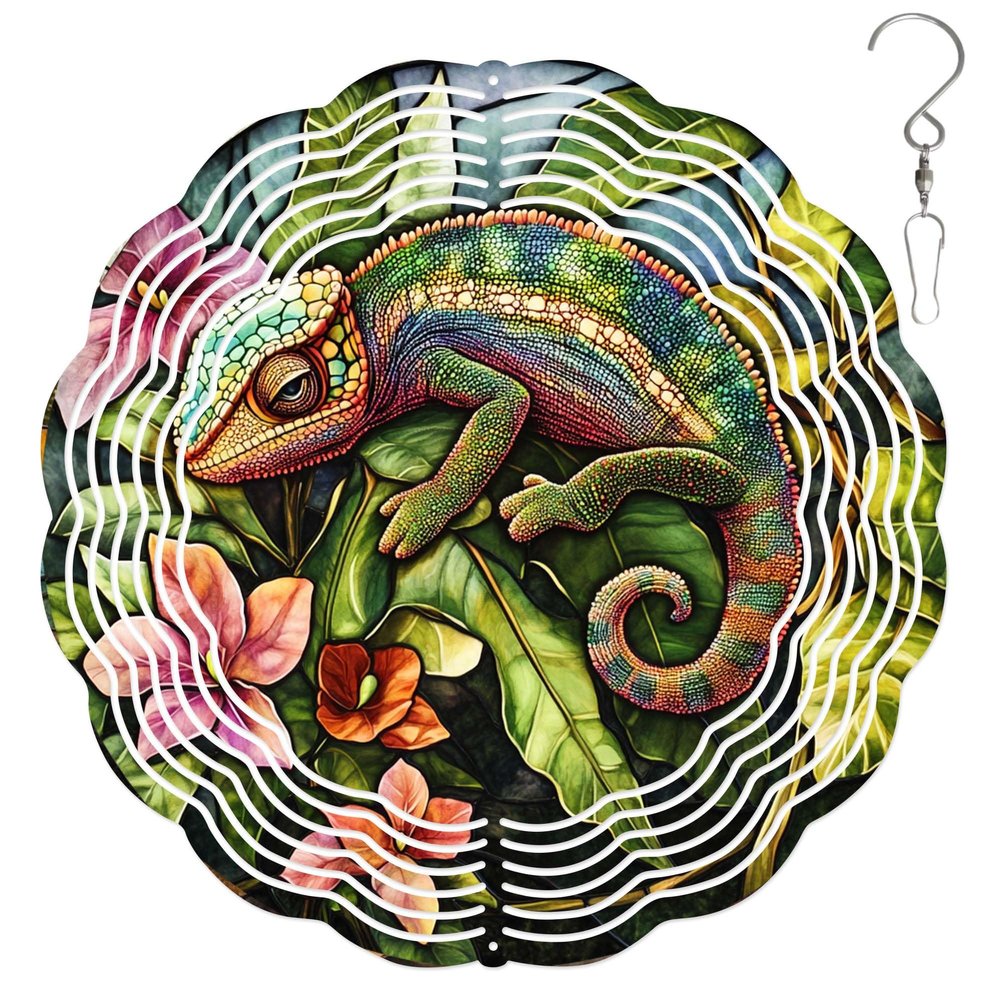 10-Inch Metal Wind Spinner Chameleon with Flowers 3D Animal Wind Spinner, Unique Metal Hanging Kinetic Wind Sculpture Ornament Gifts for Women Yard Art Garden Patio Lawn Indoor Outdoor Decor