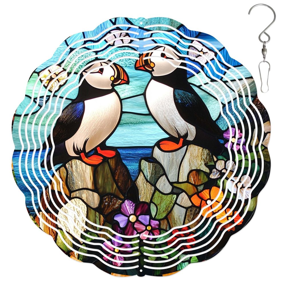 10-Inch Metal Wind Spinner Two Puffins by Ocean 3D Bird Wind Spinner, Unique Metal Hanging Kinetic Wind Sculpture Ornament Gift for Bird Lovers Yard Art Garden Patio Lawn Indoor Outdoor Decor