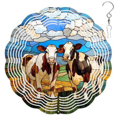 10-Inch Metal Wind Spinner Two Brown-and-White Cow Brother 3D Animal Wind Spinner, Unique Metal Hanging Kinetic Wind Sculpture Ornament Yard Art Garden Patio Lawn Indoor Outdoor Decor