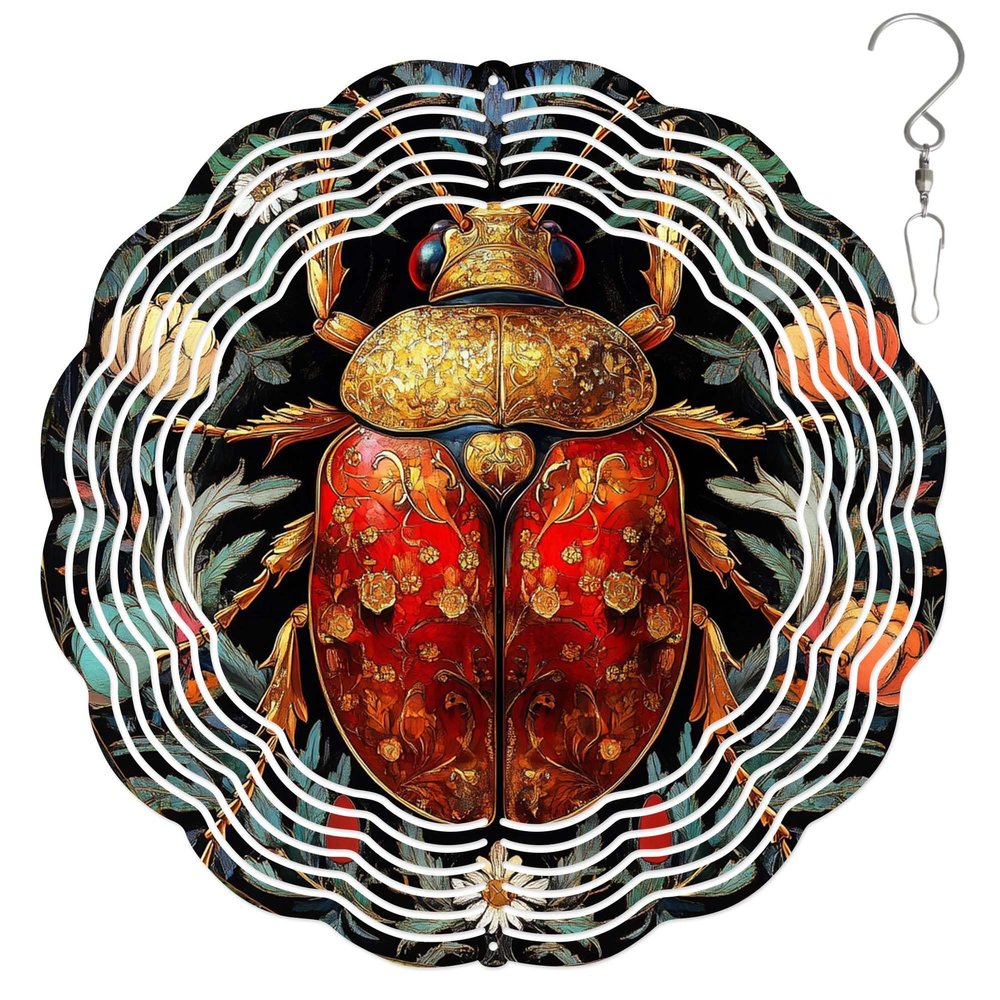 10-Inch Metal Wind Spinner Beetle in Gold and Red 3D Insect Wind Spinner, Unique Metal Hanging Kinetic Wind Sculpture Ornament Yard Art Garden Patio Lawn Indoor Outdoor Decor