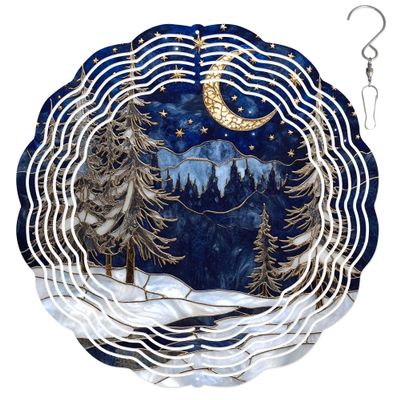 10-Inch Metal Wind Spinner Snowy Forest Scene at Night 3D Wind Spinner, Unique Metal Hanging Kinetic Wind Sculpture Ornament Gifts for Women Yard Art Garden Patio Lawn Indoor Outdoor Decor