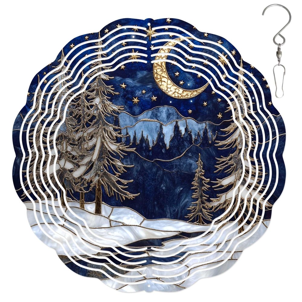 10-Inch Metal Wind Spinner Snowy Forest Scene at Night 3D Wind Spinner, Unique Metal Hanging Kinetic Wind Sculpture Ornament Gifts for Women Yard Art Garden Patio Lawn Indoor Outdoor Decor