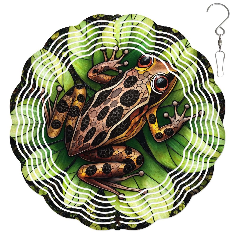 10-Inch Metal Wind Spinner Spotted Frog on Green Leaves 3D Wildlife Wind Spinner, Unique Metal Hanging Kinetic Wind Sculpture Ornament Yard Art Garden Patio Lawn Indoor Outdoor Decor