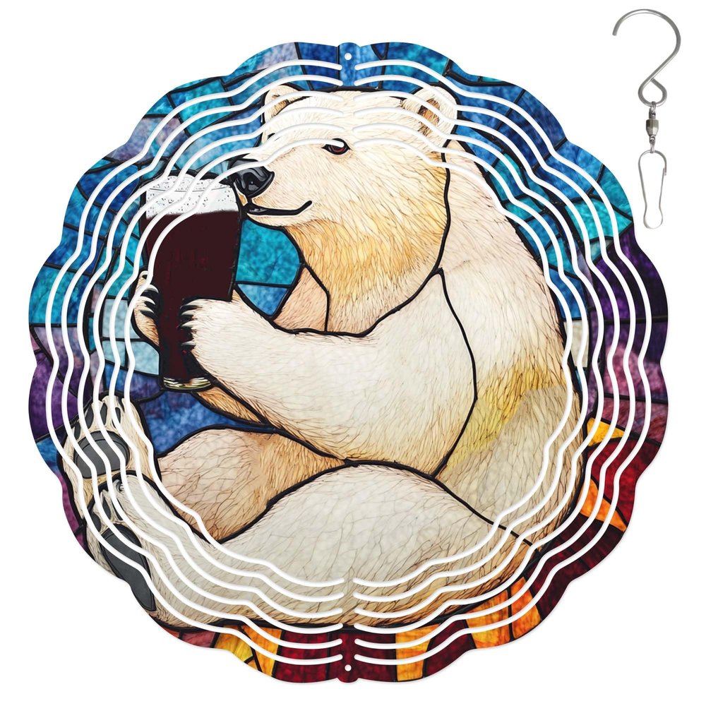 10-Inch Metal Wind Spinner Polar Bear Drinking Cola 3D Animal Wind Spinner, Unique Metal Hanging Kinetic Wind Sculpture Ornament Gifts for Women Yard Art Garden Patio Lawn Indoor Outdoor Decor