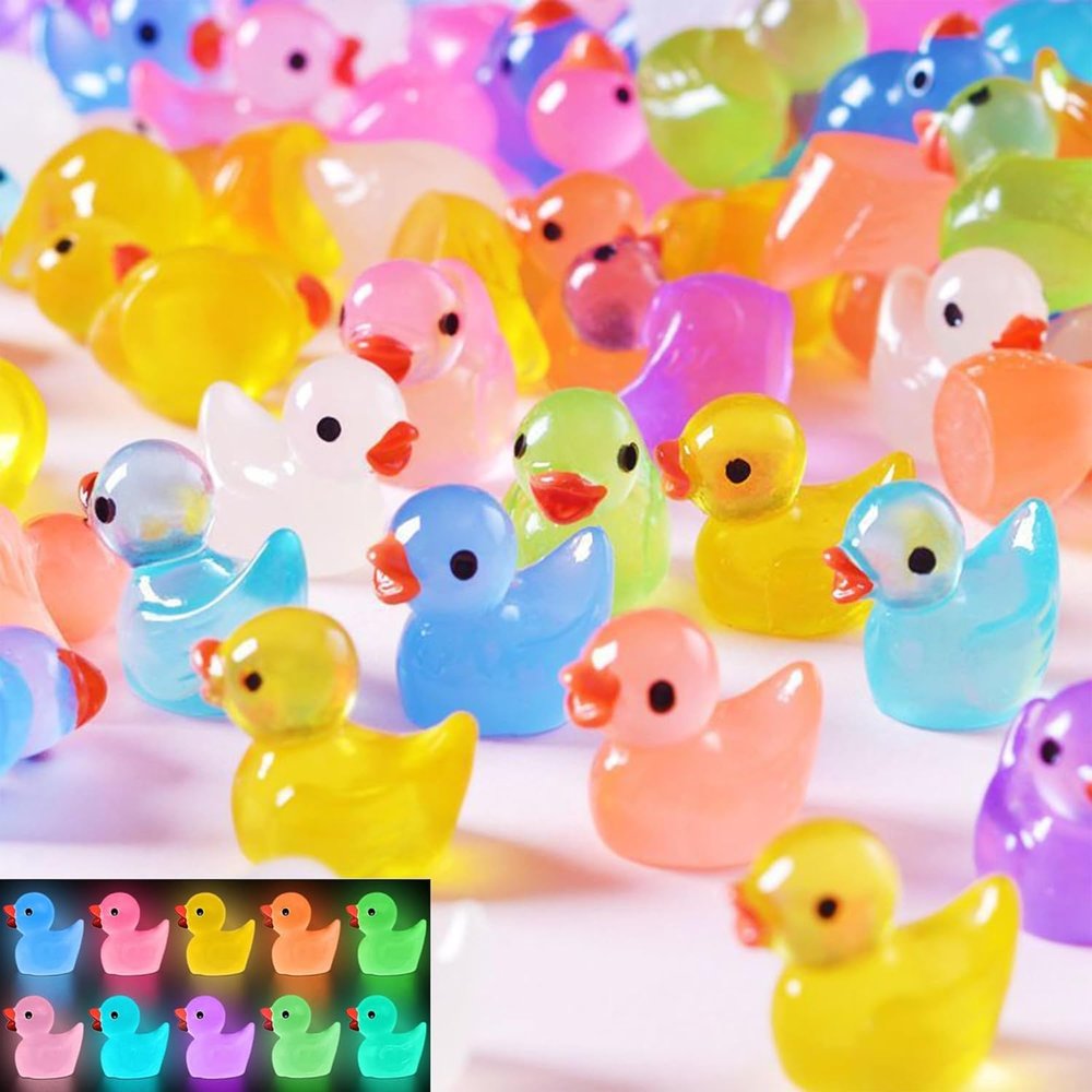 100 PCS Glow in The Dark Mini Ducks - Whimsical Luminous Ducklings for DIY Dollhouse/River Landscape/Vase Filler/Fairy Garden Decoration Multicoloured (100pcs)