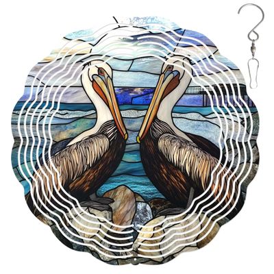 10-Inch Metal Wind Spinner Two Pelicans by Ocean 3D Bird Wind Spinner, Unique Metal Hanging Kinetic Wind Sculpture Ornament Gift for Bird Lovers Yard Art Garden Patio Lawn Indoor Outdoor Decor