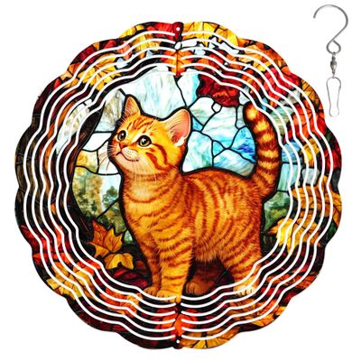 10-Inch Metal Wind Spinner Ginger Tabby Cat 3D Pet Wind Spinner, Unique Metal Hanging Kinetic Wind Sculpture Ornament Gifts for Pet Lovers Yard Art Garden Patio Lawn Indoor Outdoor Decor