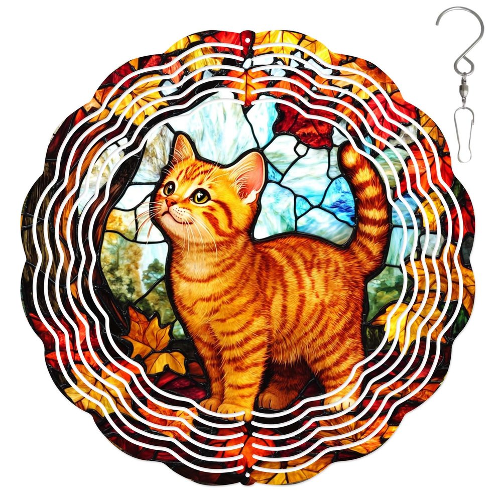 10-Inch Metal Wind Spinner Ginger Tabby Cat 3D Pet Wind Spinner, Unique Metal Hanging Kinetic Wind Sculpture Ornament Gifts for Pet Lovers Yard Art Garden Patio Lawn Indoor Outdoor Decor