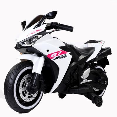 12V Electric Ride On Motorcycle for Kids, Training Wheels, Full Hand Drive Motorbike Toy, Perfect for Boys and Girls (3-8 Yrs) (White+ Plastic+ 50-99 Lbs)