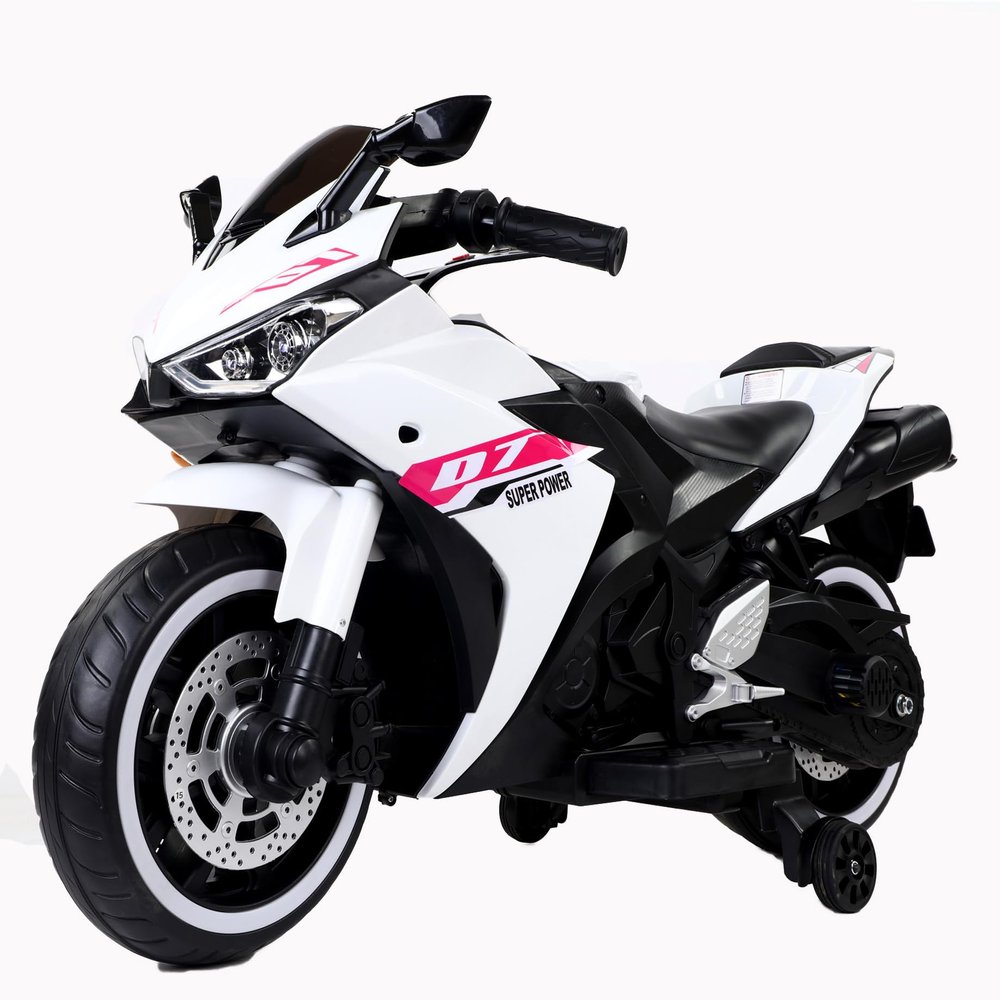 12V Electric Ride On Motorcycle for Kids, Training Wheels, Full Hand Drive Motorbike Toy, Perfect for Boys and Girls (3-8 Yrs) (White+ Plastic+ 50-99 Lbs)