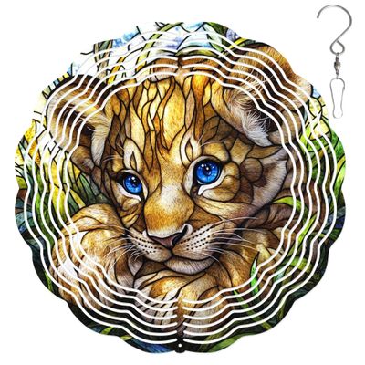 10-Inch Metal Wind Spinner Lion Cub 3D Wildlife Wind Spinner, Unique Metal Hanging Kinetic Wind Sculpture Ornament Gift for Animal Lovers Yard Art Garden Patio Lawn Indoor Outdoor Decor