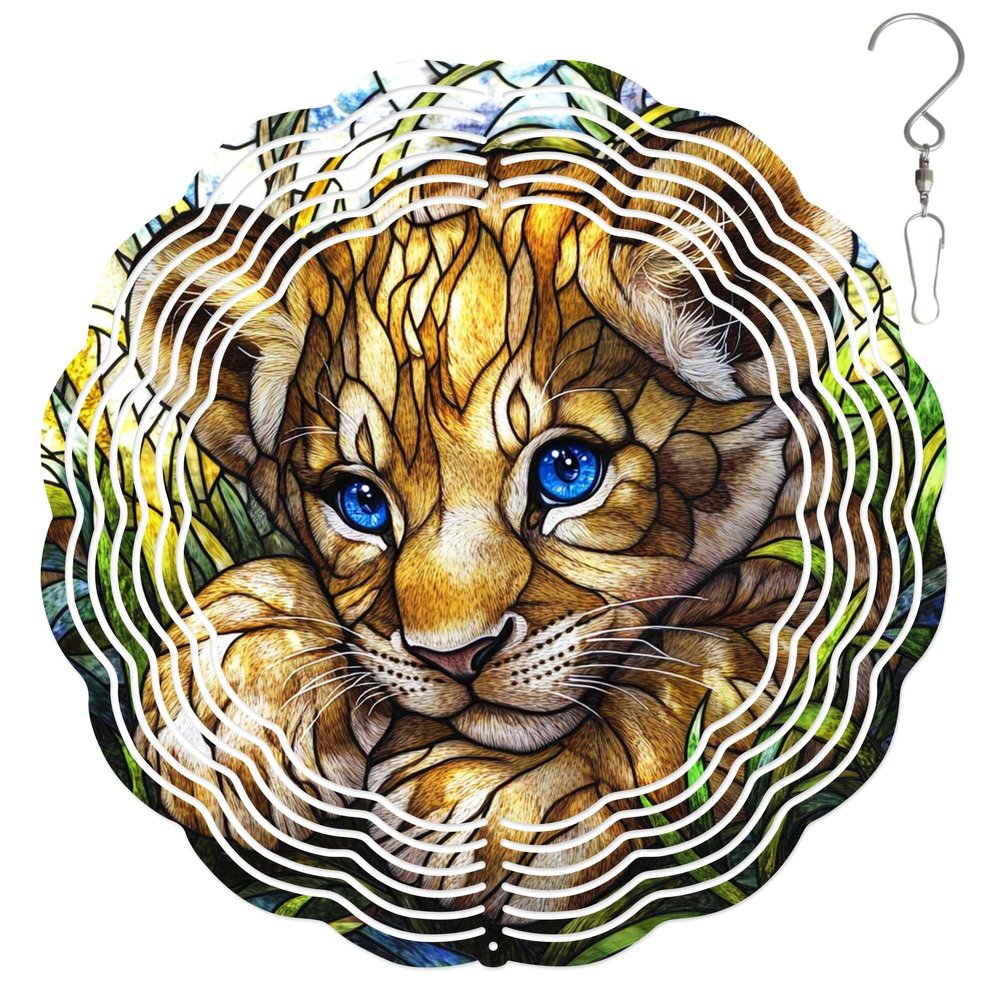 10-Inch Metal Wind Spinner Lion Cub 3D Wildlife Wind Spinner, Unique Metal Hanging Kinetic Wind Sculpture Ornament Gift for Animal Lovers Yard Art Garden Patio Lawn Indoor Outdoor Decor