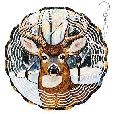 10-Inch Metal Wind Spinner Buck in Snowy Forest 3D Wildlife Wind Spinner, Unique Metal Hanging Kinetic Wind Sculpture Ornament Gift for Animal Lovers Yard Art Garden Patio Lawn Indoor Outdoor Decor