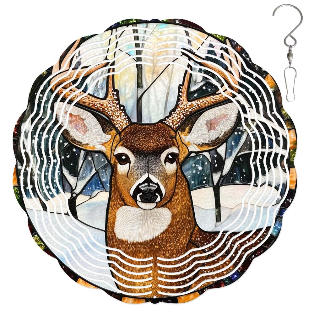 10-Inch Metal Wind Spinner Buck in Snowy Forest 3D Wildlife Wind Spinner, Unique Metal Hanging Kinetic Wind Sculpture Ornament Gift for Animal Lovers Yard Art Garden Patio Lawn Indoor Outdoor Decor