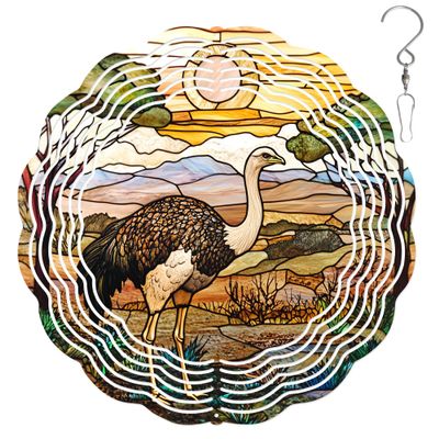 10-Inch Metal Wind Spinner Ostrich in Savanna 3D Wildlife Wind Spinner, Unique Metal Hanging Kinetic Wind Sculpture Ornament Gift for Bird Lovers Yard Art Garden Patio Lawn Indoor Outdoor Decor