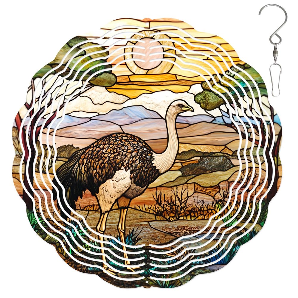 10-Inch Metal Wind Spinner Ostrich in Savanna 3D Wildlife Wind Spinner, Unique Metal Hanging Kinetic Wind Sculpture Ornament Gift for Bird Lovers Yard Art Garden Patio Lawn Indoor Outdoor Decor