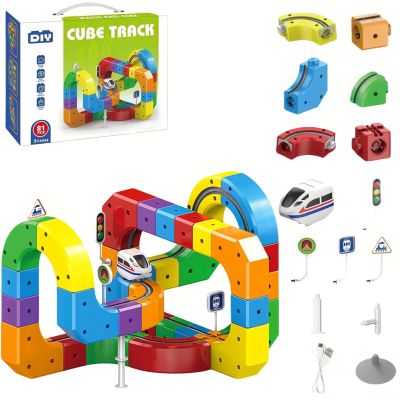 3D DIY Cube Track Electric Train Set, USB Rechargeable Motorized Train with Flexible Infinity Track, Antigravity Design and Traffic Signs, for Kids and Adults(81pcs)