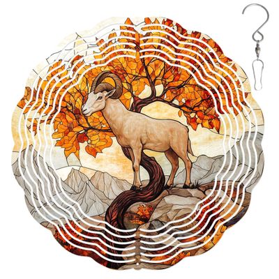 10-Inch Metal Wind Spinner Bighorn Sheep Under Autumn Tree Wildlife Wind Spinner, Unique Metal Hanging Kinetic Wind Sculpture Ornament Gift for Animal Lovers Yard Art Garden Patio Lawn Decor