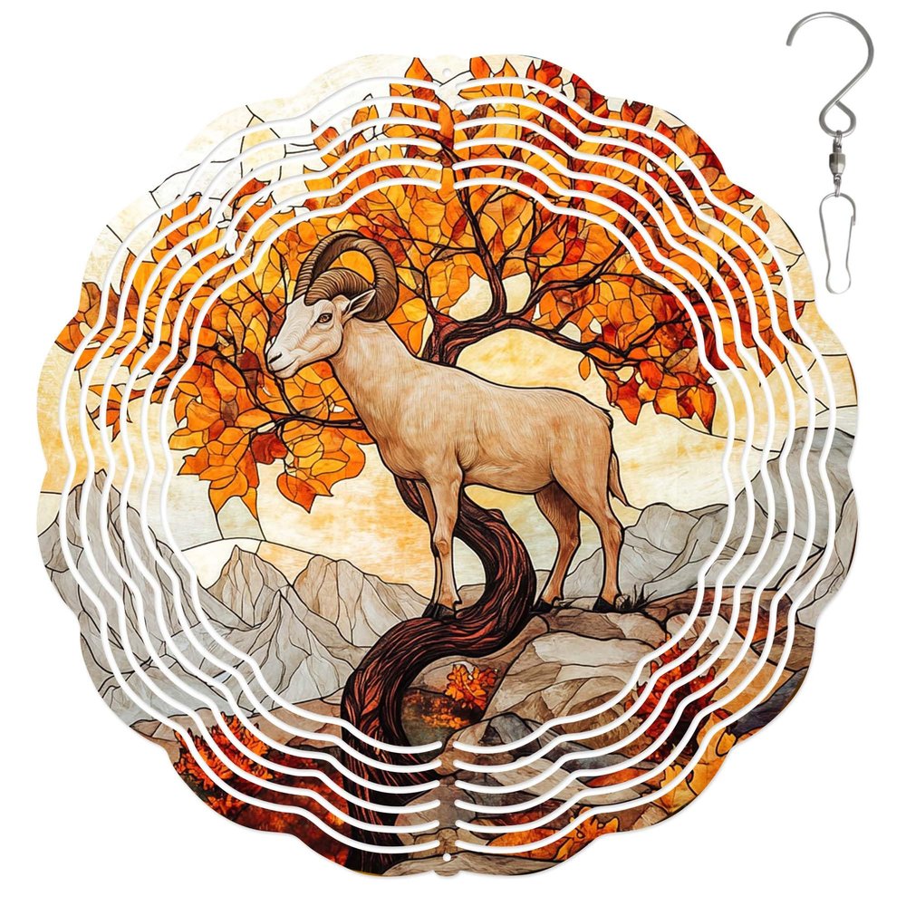 10-Inch Metal Wind Spinner Bighorn Sheep Under Autumn Tree Wildlife Wind Spinner, Unique Metal Hanging Kinetic Wind Sculpture Ornament Gift for Animal Lovers Yard Art Garden Patio Lawn Decor