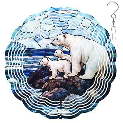 10-Inch Metal Wind Spinner Polar Bear and Two Cubs 3D Animal Wind Spinner, Unique Metal Hanging Kinetic Wind Sculpture Ornament Gifts for Women Yard Art Garden Patio Lawn Indoor Outdoor Decor