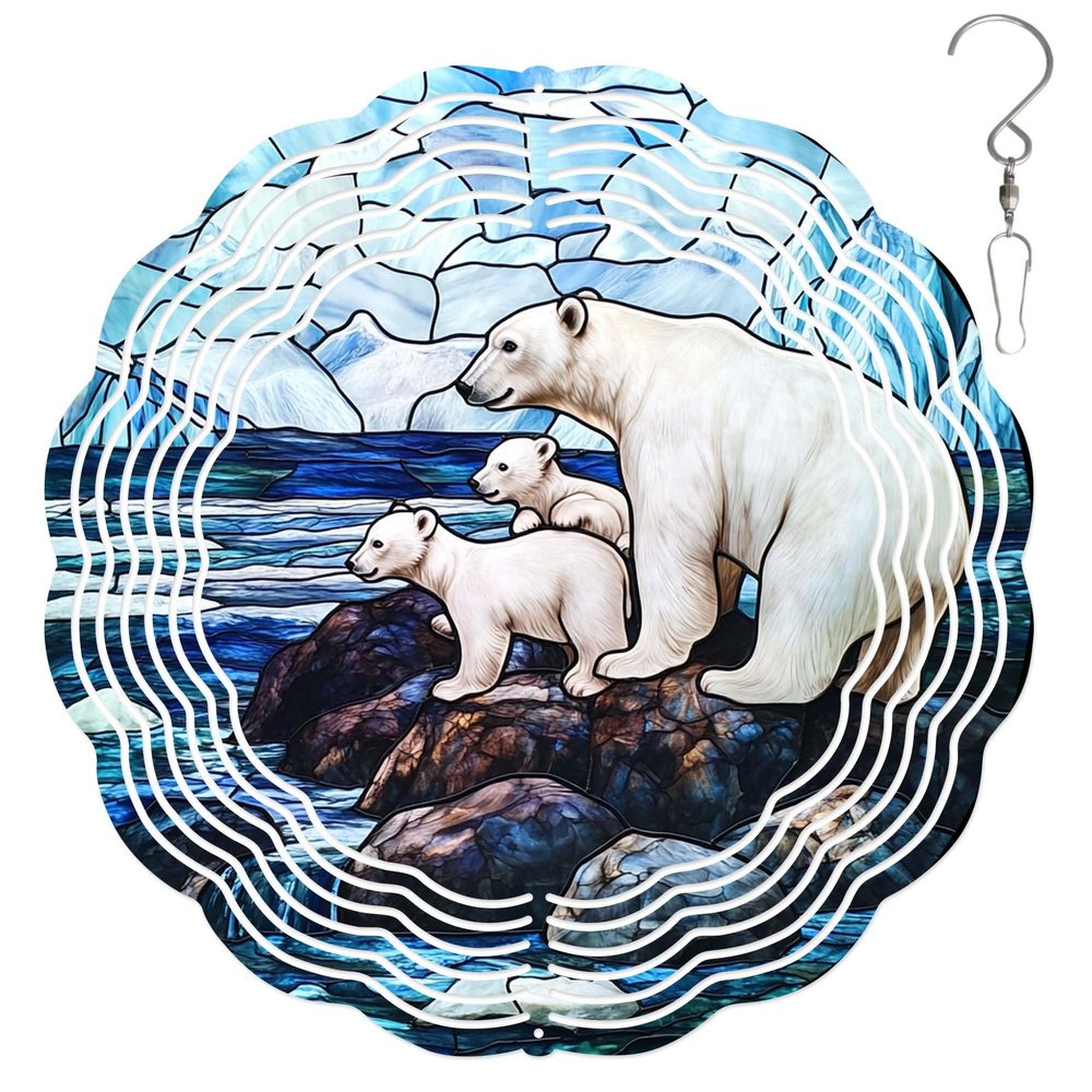 10-Inch Metal Wind Spinner Polar Bear and Two Cubs 3D Animal Wind Spinner, Unique Metal Hanging Kinetic Wind Sculpture Ornament Gifts for Women Yard Art Garden Patio Lawn Indoor Outdoor Decor